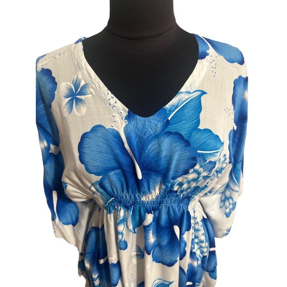 Thai Two Blue & White Floral Print Beach Coverup - Picture 2 of 11